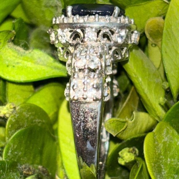 New 925 silver STS medium blue sapphire/ CZ cushion/halo ring Sz 9 fancy setting - Picture 3 of 11